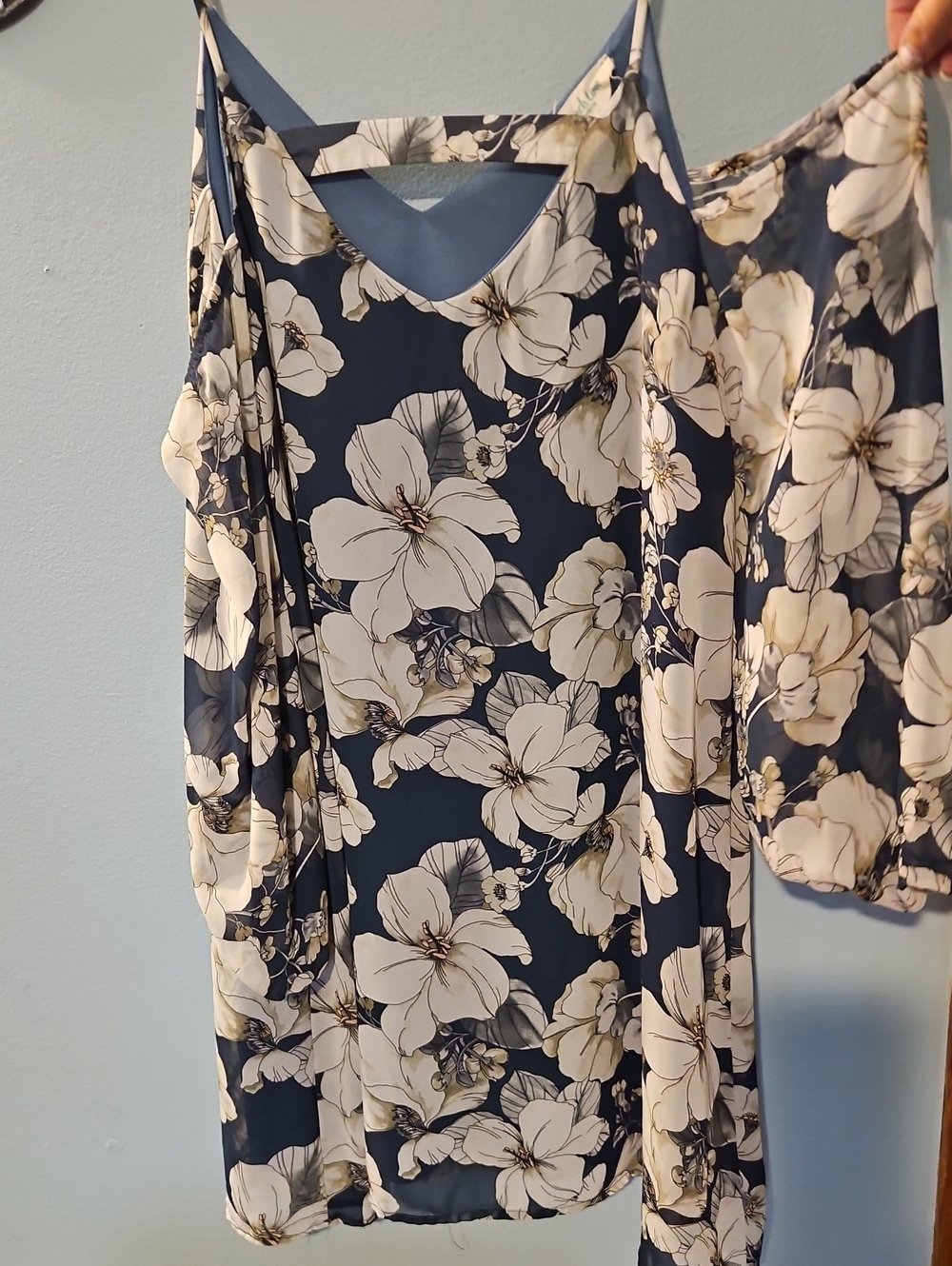 Peach Love California Navy Floral Cold-Shoulder Mini Dress